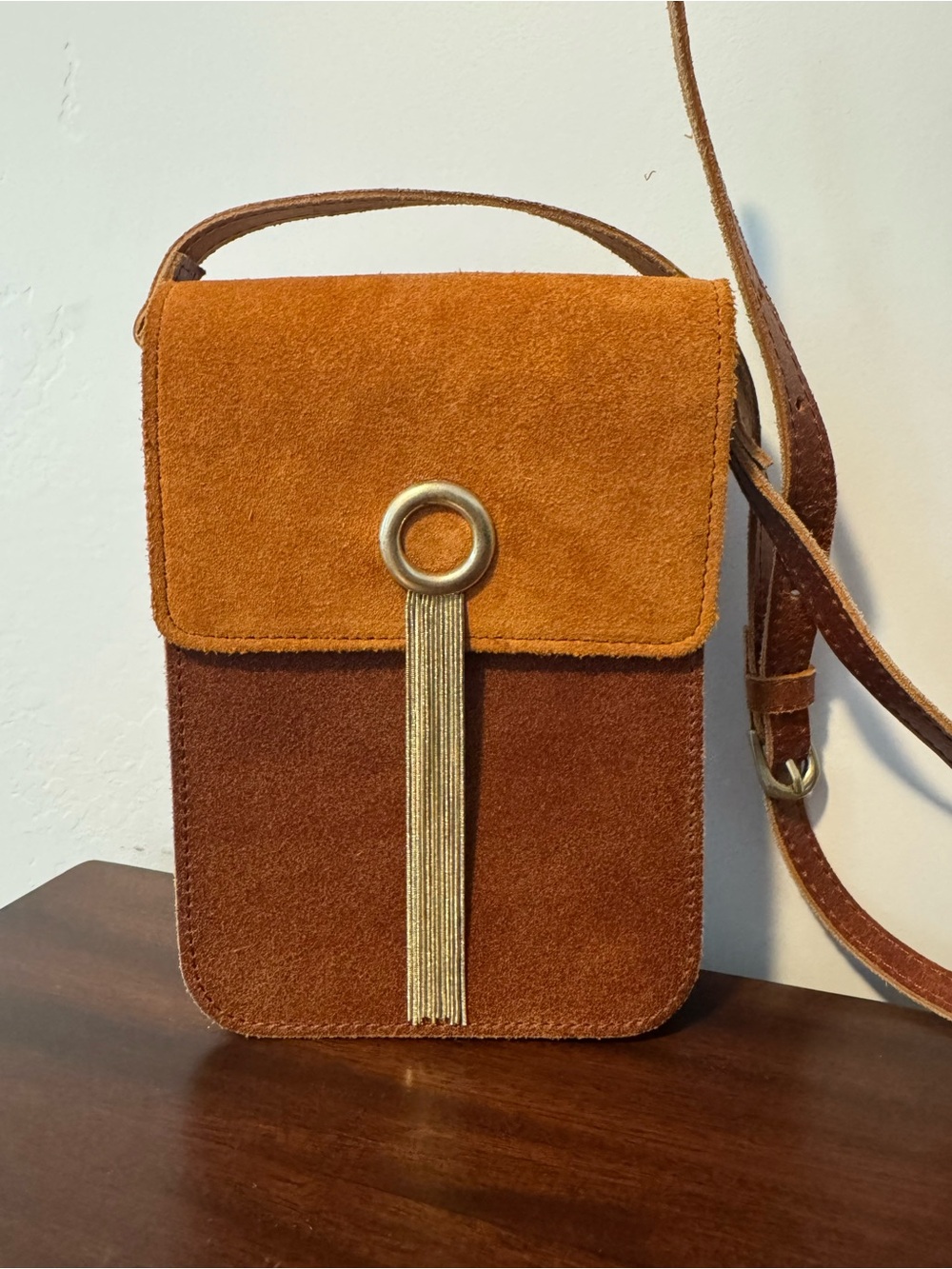 Suede & Leather Two-Tone Crossbody Bag with Gold Tassel